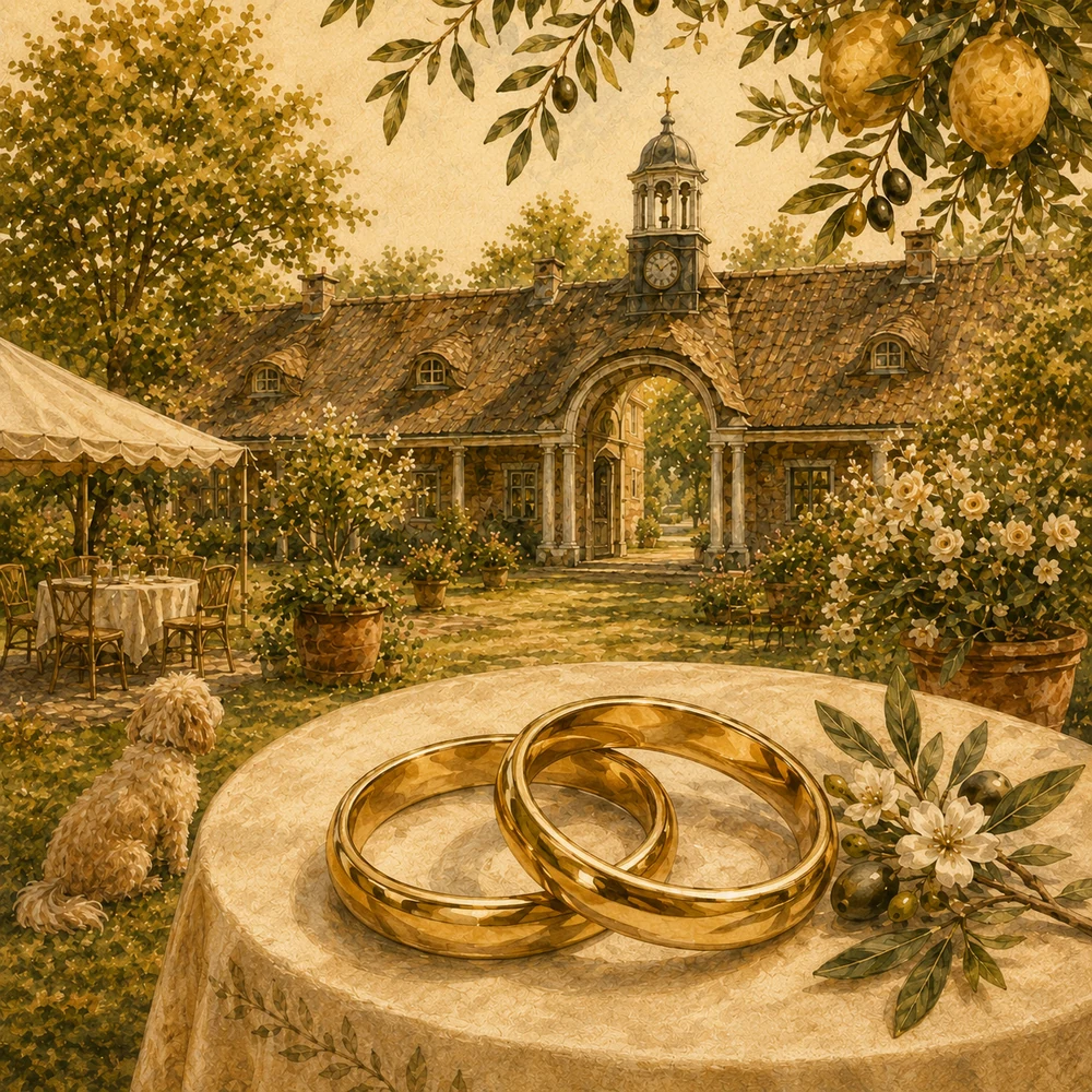 Illustratie van de gouden trouwringen op een tafel bij Landgoed Brakkesteyn, met Teddy op de achtergrond.